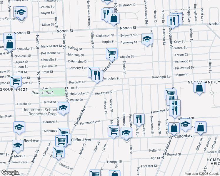 map of restaurants, bars, coffee shops, grocery stores, and more near 117 Rosemary Drive in Rochester
