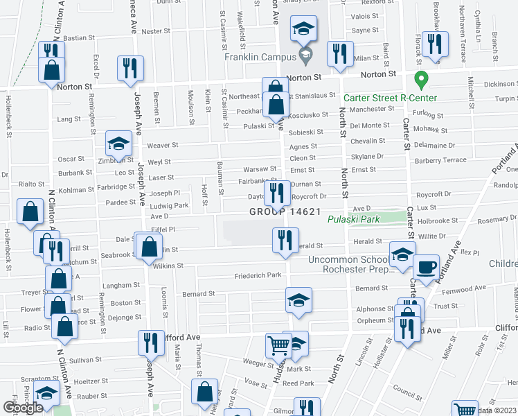map of restaurants, bars, coffee shops, grocery stores, and more near 819 Avenue D in Rochester