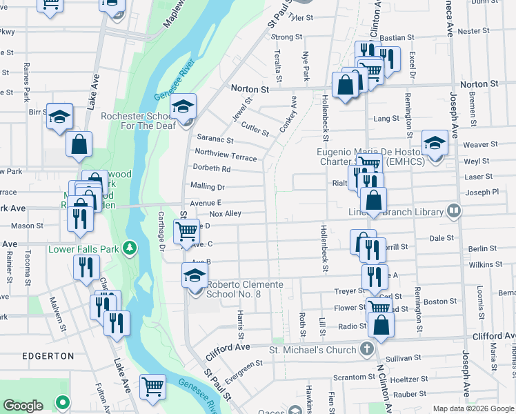 map of restaurants, bars, coffee shops, grocery stores, and more near 150 Avenue D in Rochester