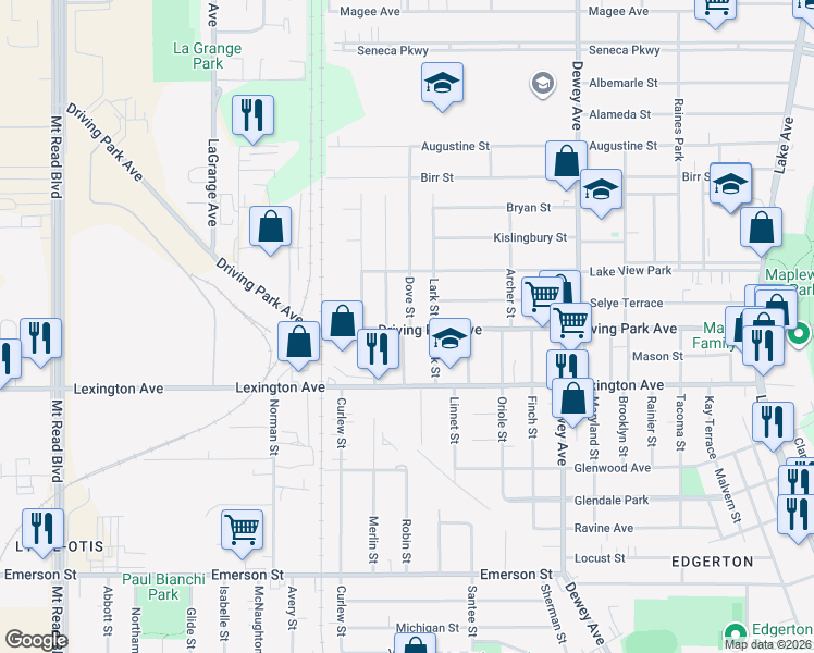 map of restaurants, bars, coffee shops, grocery stores, and more near in Rochester