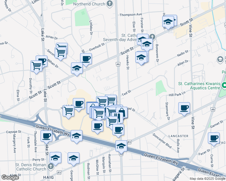 map of restaurants, bars, coffee shops, grocery stores, and more near 333 Geneva Street in St. Catharines