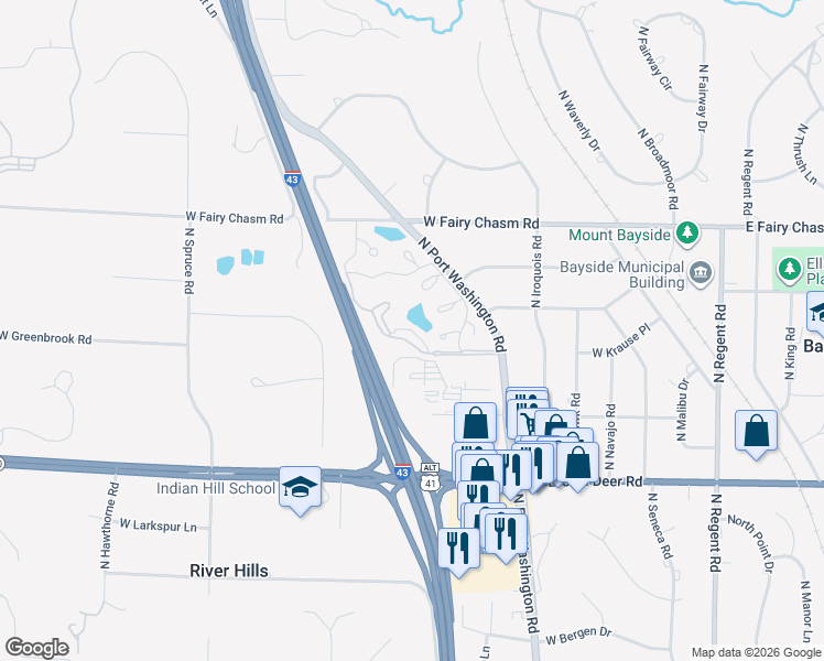 map of restaurants, bars, coffee shops, grocery stores, and more near 9000 North White Oak Lane in Bayside