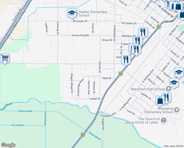 map of restaurants, bars, coffee shops, grocery stores, and more near 1485 Vernon Avenue in Blackfoot