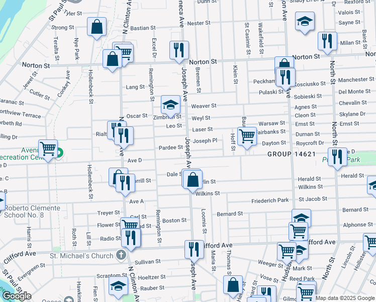 map of restaurants, bars, coffee shops, grocery stores, and more near Joseph Avenue & Ludwig Park in Rochester