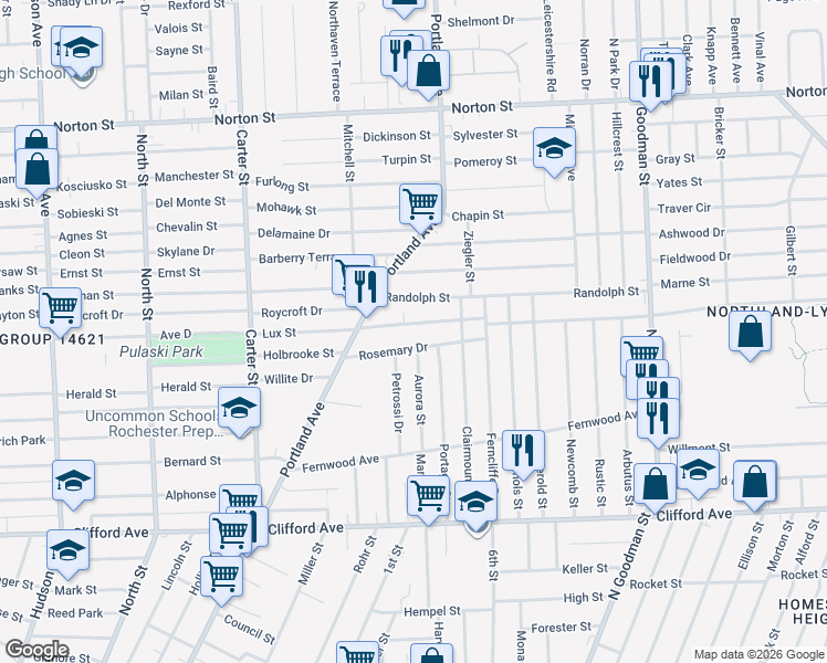 map of restaurants, bars, coffee shops, grocery stores, and more near 117 Rosemary Drive in Rochester