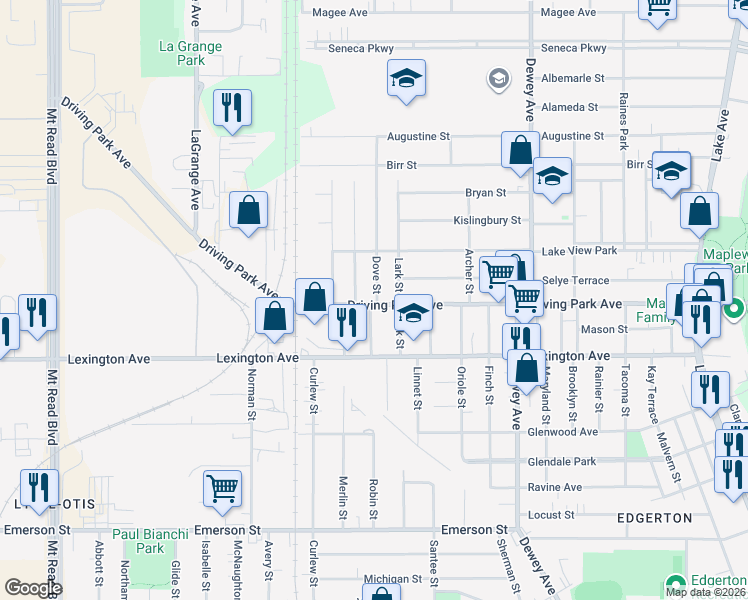 map of restaurants, bars, coffee shops, grocery stores, and more near in Rochester
