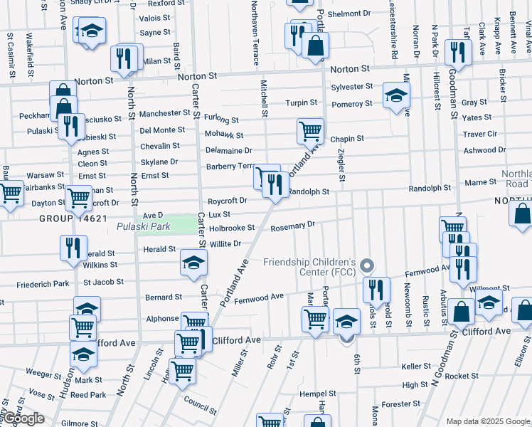 map of restaurants, bars, coffee shops, grocery stores, and more near 819 Portland Avenue in Rochester