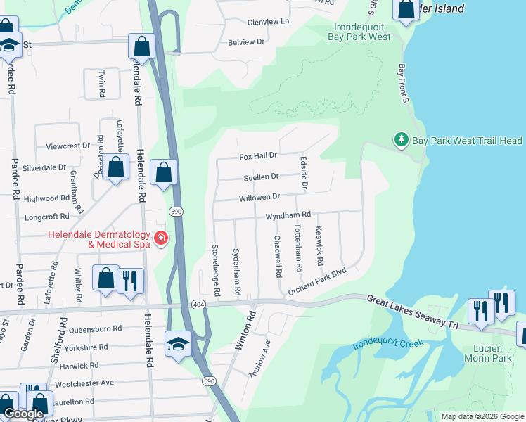map of restaurants, bars, coffee shops, grocery stores, and more near 1800 Winton Road North in Irondequoit
