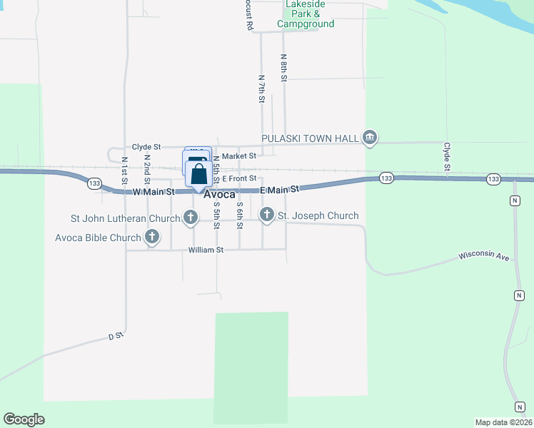 map of restaurants, bars, coffee shops, grocery stores, and more near 703 East Wisconsin Street in Avoca