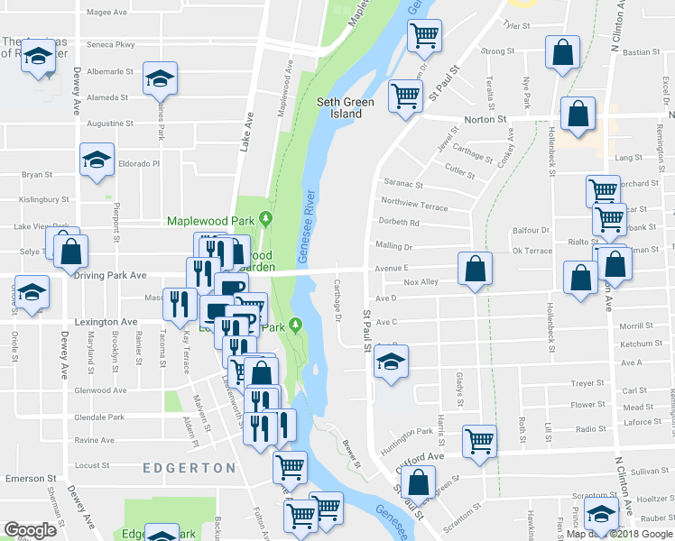 map of restaurants, bars, coffee shops, grocery stores, and more near 4 Avenue East in Rochester