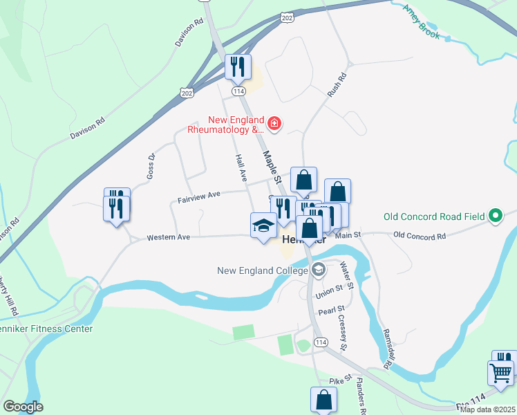 map of restaurants, bars, coffee shops, grocery stores, and more near 25 Gould Street in Henniker