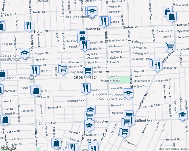 map of restaurants, bars, coffee shops, grocery stores, and more near 927 Avenue D in Rochester
