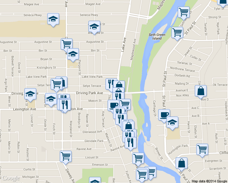 map of restaurants, bars, coffee shops, grocery stores, and more near in Rochester