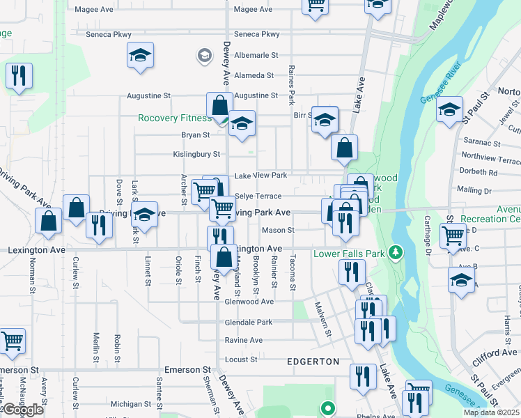 map of restaurants, bars, coffee shops, grocery stores, and more near in Rochester