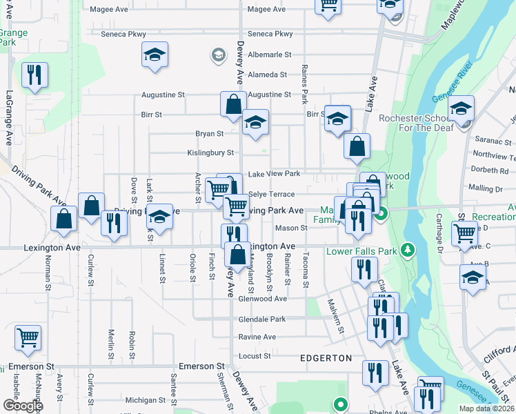 map of restaurants, bars, coffee shops, grocery stores, and more near 18 Broezel Street in Rochester