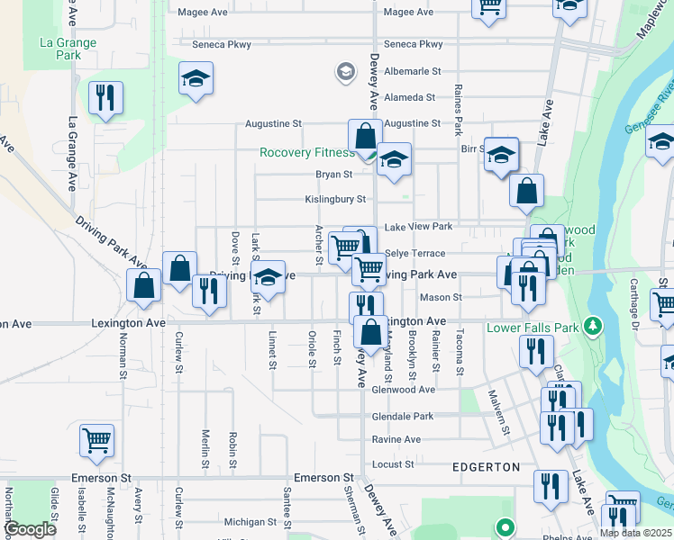 map of restaurants, bars, coffee shops, grocery stores, and more near 375 Driving Park Avenue in Rochester