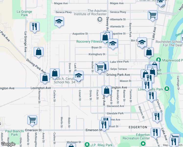 map of restaurants, bars, coffee shops, grocery stores, and more near 218 Oriole Street in Rochester