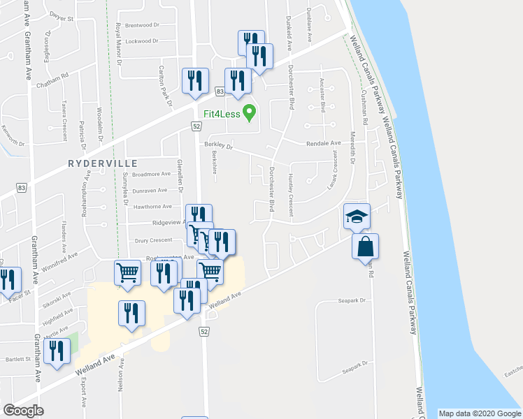 map of restaurants, bars, coffee shops, grocery stores, and more near in St. Catharines