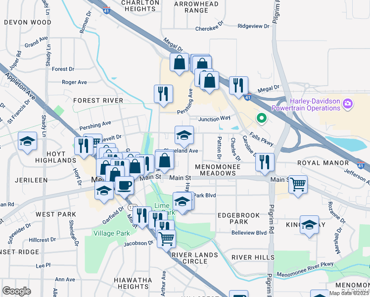map of restaurants, bars, coffee shops, grocery stores, and more near N89W16215 Cleveland Avenue in Menomonee Falls