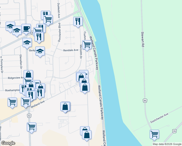 map of restaurants, bars, coffee shops, grocery stores, and more near 196 Cushman Road in St. Catharines