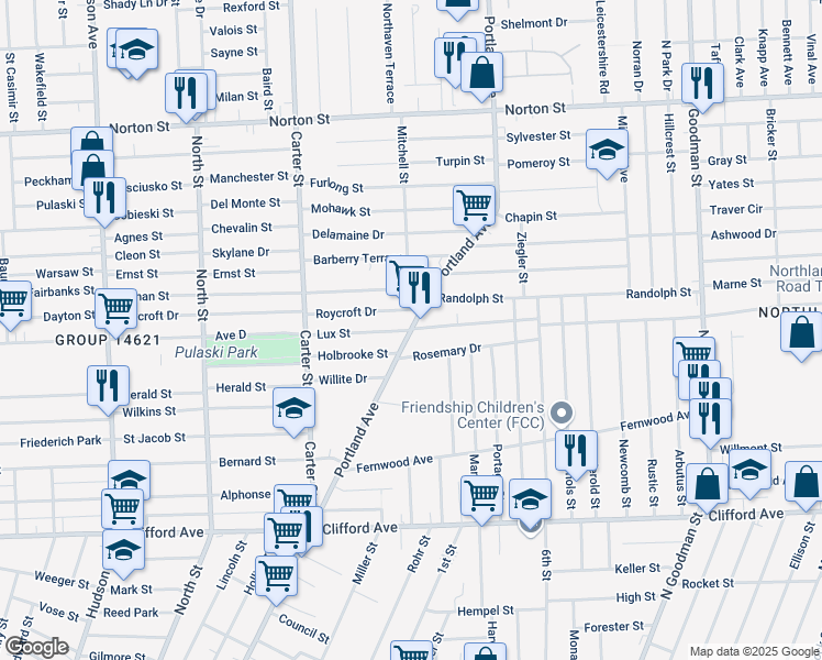 map of restaurants, bars, coffee shops, grocery stores, and more near Portland Avenue & Lux Street in Rochester