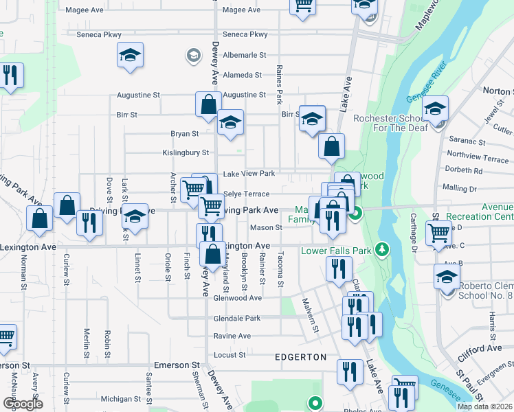 map of restaurants, bars, coffee shops, grocery stores, and more near 240 Driving Park Avenue in Rochester
