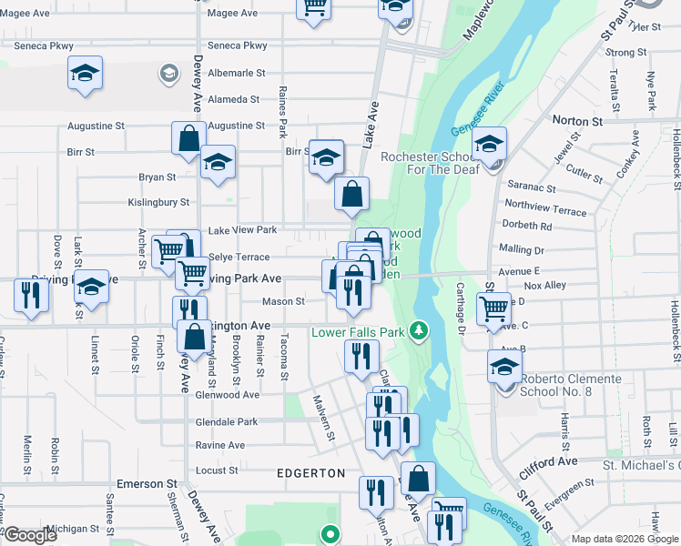 map of restaurants, bars, coffee shops, grocery stores, and more near in Rochester