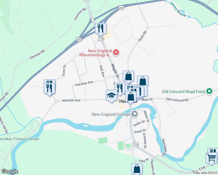 map of restaurants, bars, coffee shops, grocery stores, and more near 25 Gould Street in Henniker
