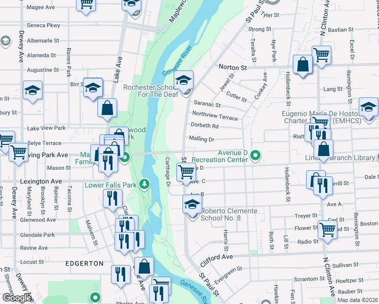 map of restaurants, bars, coffee shops, grocery stores, and more near 69 Avenue East in Rochester