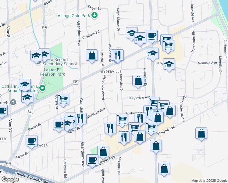 map of restaurants, bars, coffee shops, grocery stores, and more near 16 Mayfair Court in St. Catharines