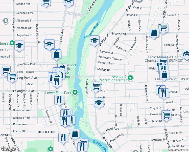 map of restaurants, bars, coffee shops, grocery stores, and more near Saint Paul Street & Ave E in Rochester