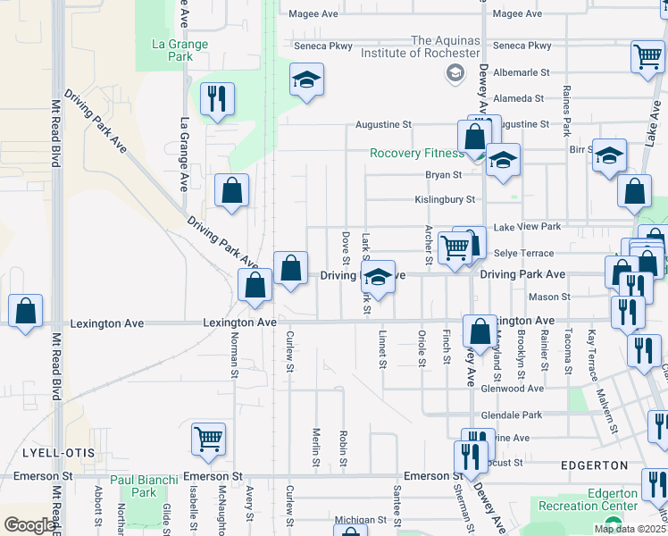 map of restaurants, bars, coffee shops, grocery stores, and more near 584 Driving Park Avenue in Rochester