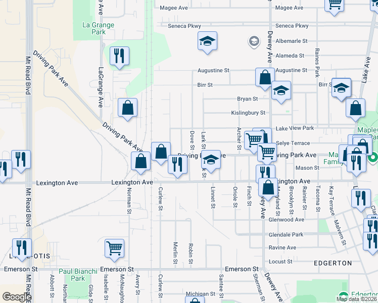 map of restaurants, bars, coffee shops, grocery stores, and more near in Rochester