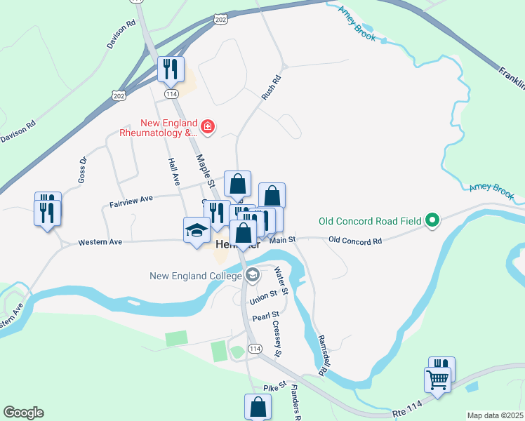 map of restaurants, bars, coffee shops, grocery stores, and more near 66 Crescent Street in Henniker