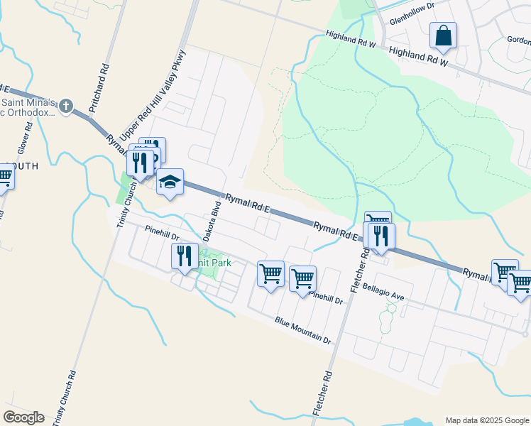 map of restaurants, bars, coffee shops, grocery stores, and more near 120 Rymal Road East in Hamilton