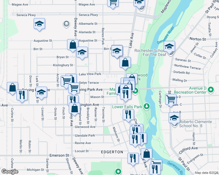 map of restaurants, bars, coffee shops, grocery stores, and more near 38 Mason Street in Rochester