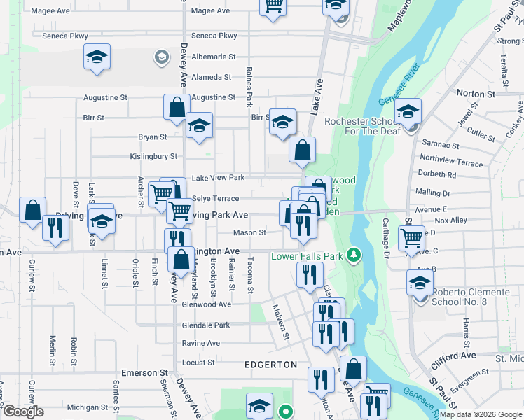 map of restaurants, bars, coffee shops, grocery stores, and more near 38 Mason Street in Rochester