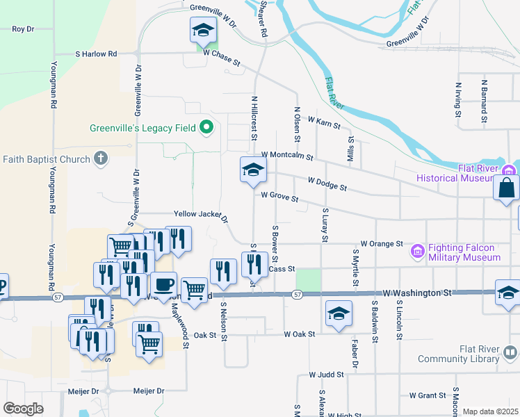 map of restaurants, bars, coffee shops, grocery stores, and more near 112 South Hillcrest Street in Greenville