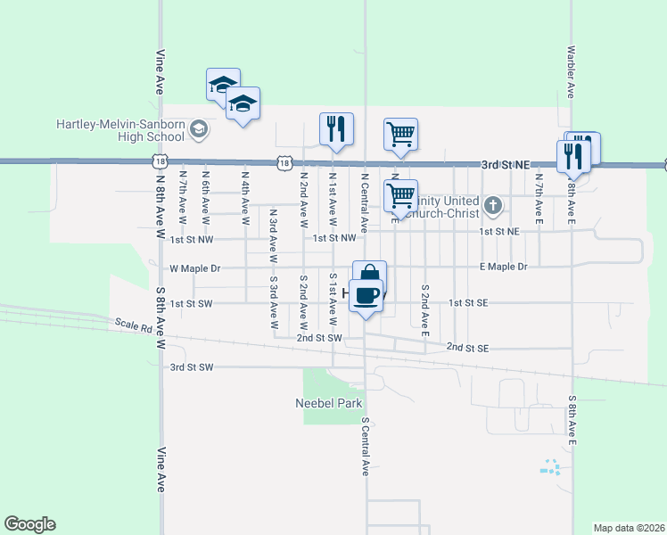 map of restaurants, bars, coffee shops, grocery stores, and more near 2 South 1st Avenue West in Hartley