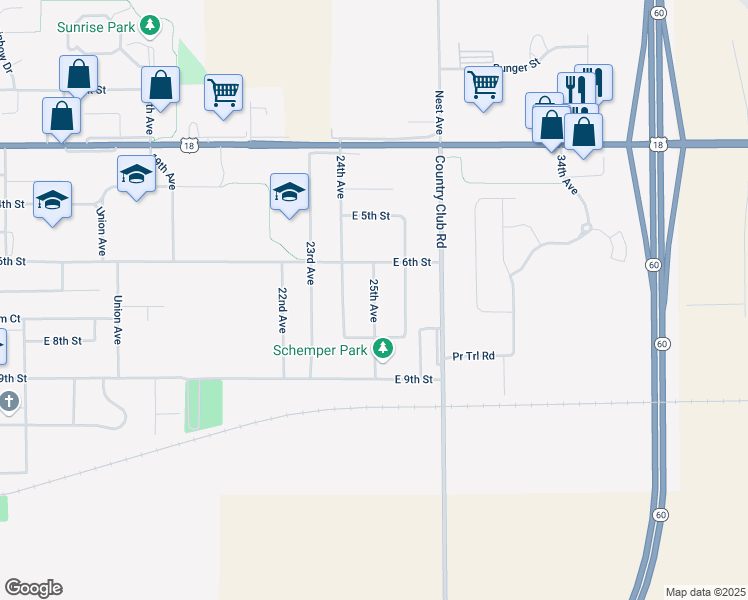 map of restaurants, bars, coffee shops, grocery stores, and more near 611-799 25th Avenue in Sheldon