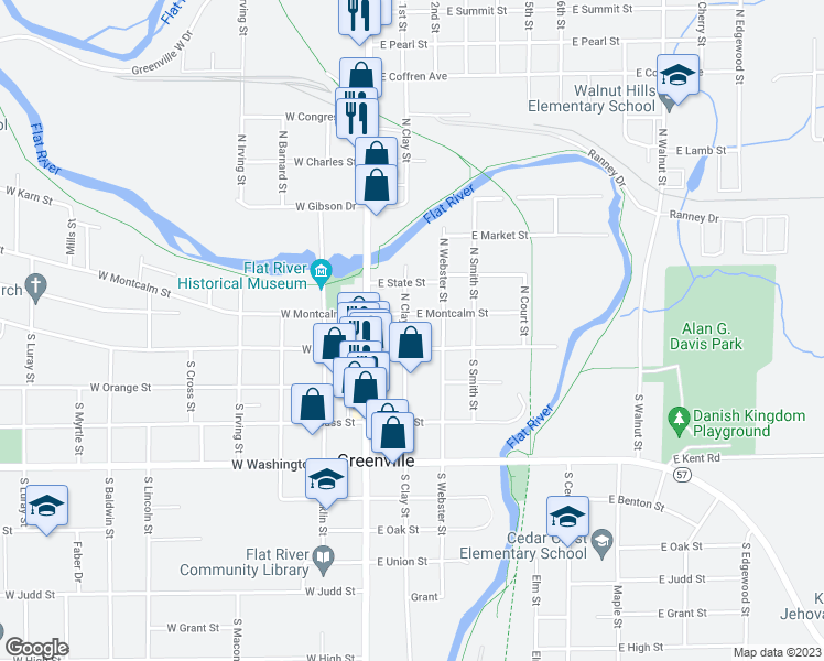 map of restaurants, bars, coffee shops, grocery stores, and more near 110 North Clay Street in Greenville