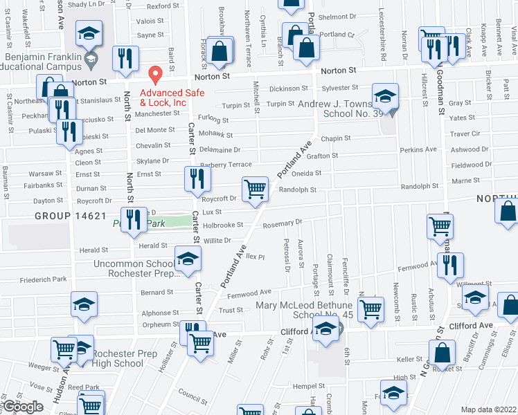 map of restaurants, bars, coffee shops, grocery stores, and more near in Rochester