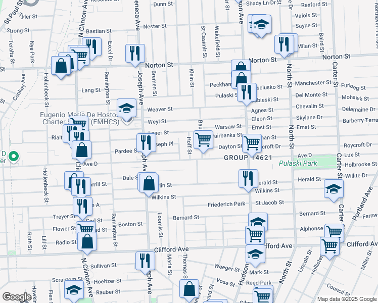 map of restaurants, bars, coffee shops, grocery stores, and more near 713 Avenue D in Rochester