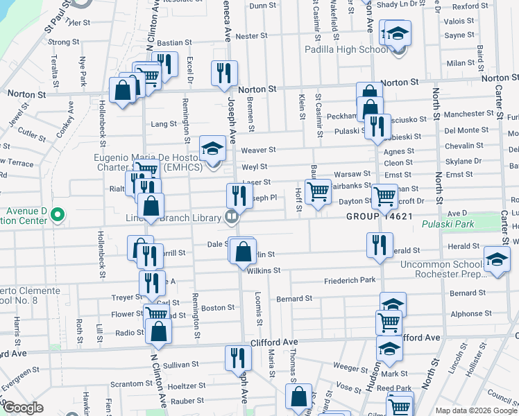 map of restaurants, bars, coffee shops, grocery stores, and more near 607 Avenue D in Rochester