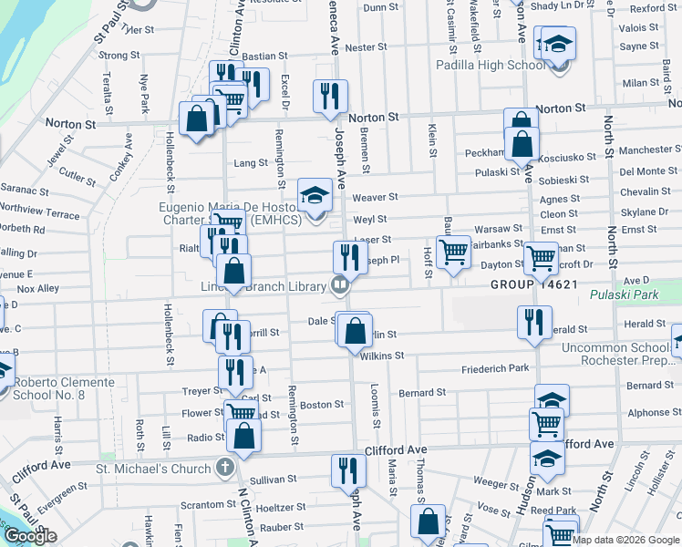 map of restaurants, bars, coffee shops, grocery stores, and more near in Rochester