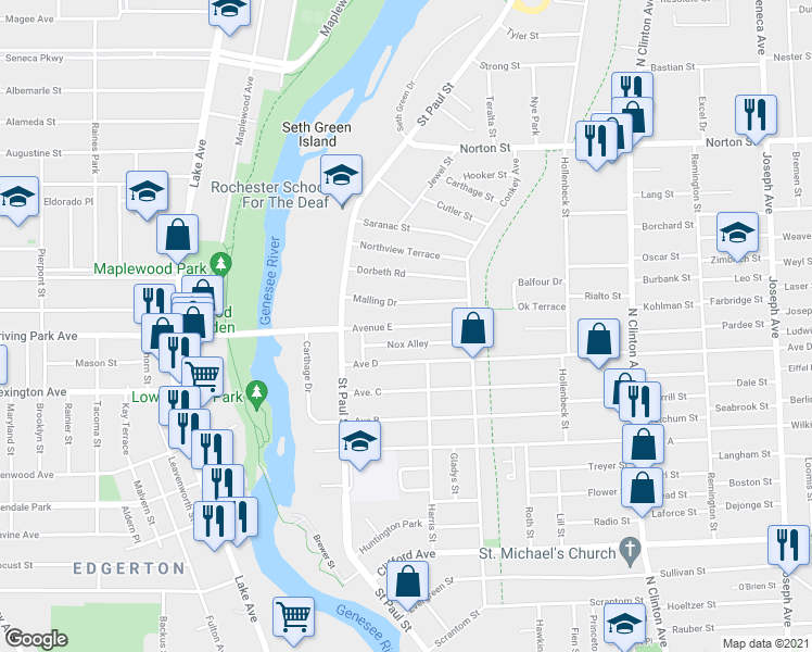 map of restaurants, bars, coffee shops, grocery stores, and more near 104 Avenue D in Rochester