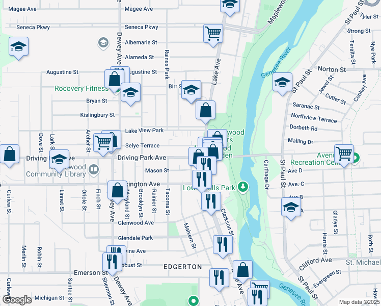 map of restaurants, bars, coffee shops, grocery stores, and more near 54 Thorn Street in Rochester