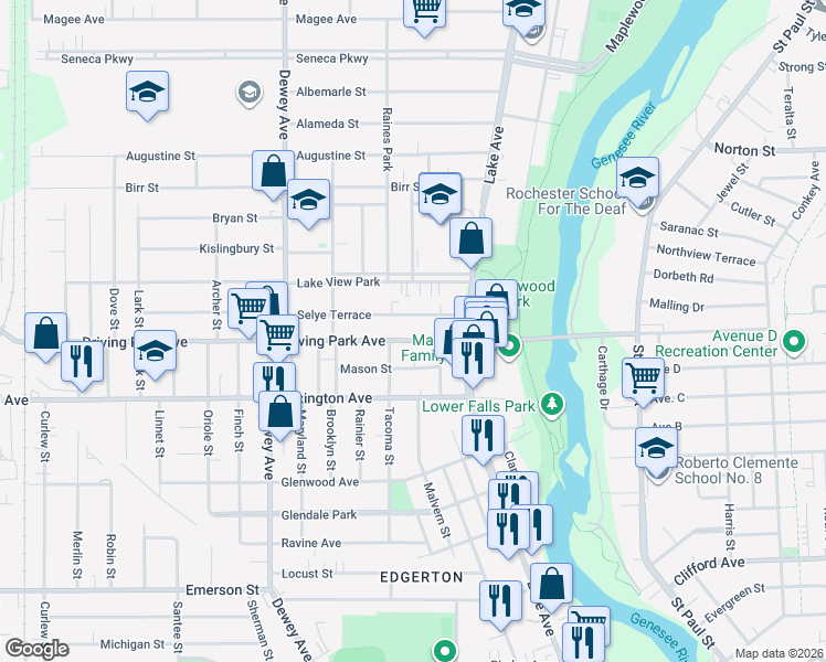 map of restaurants, bars, coffee shops, grocery stores, and more near 38 Mason Street in Rochester