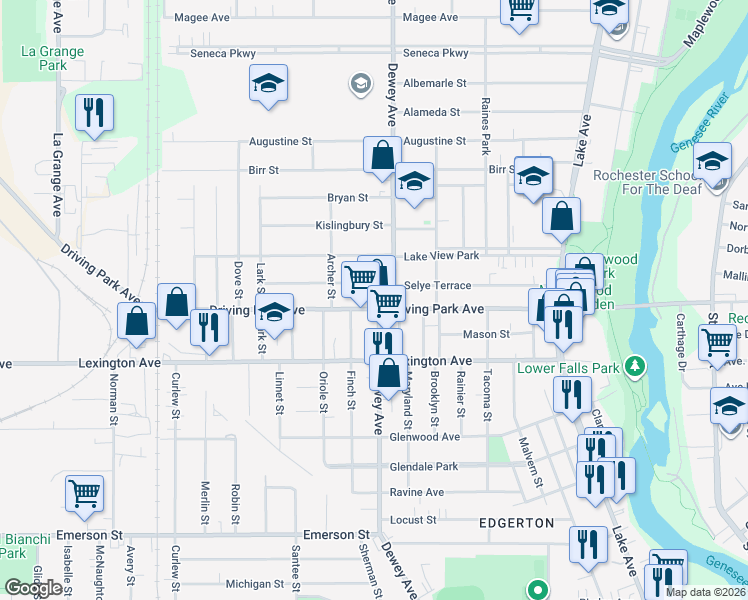 map of restaurants, bars, coffee shops, grocery stores, and more near 375 Driving Park Avenue in Rochester