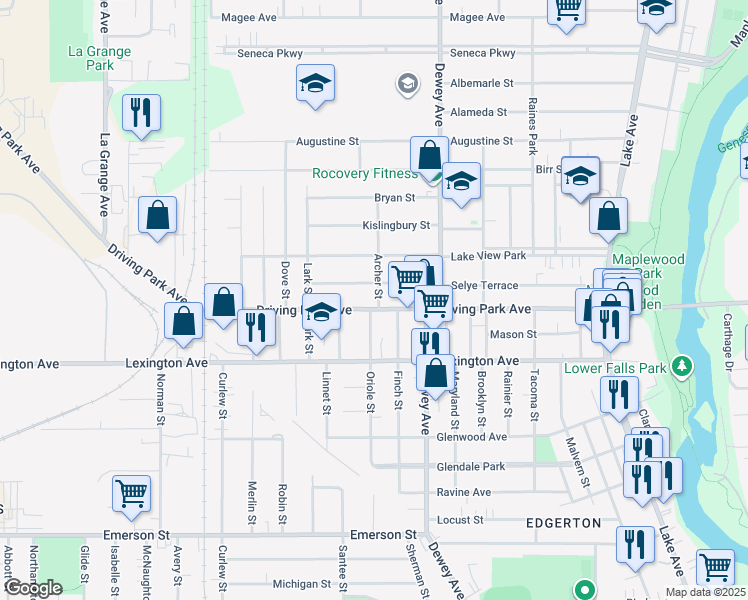 map of restaurants, bars, coffee shops, grocery stores, and more near 218 Oriole Street in Rochester